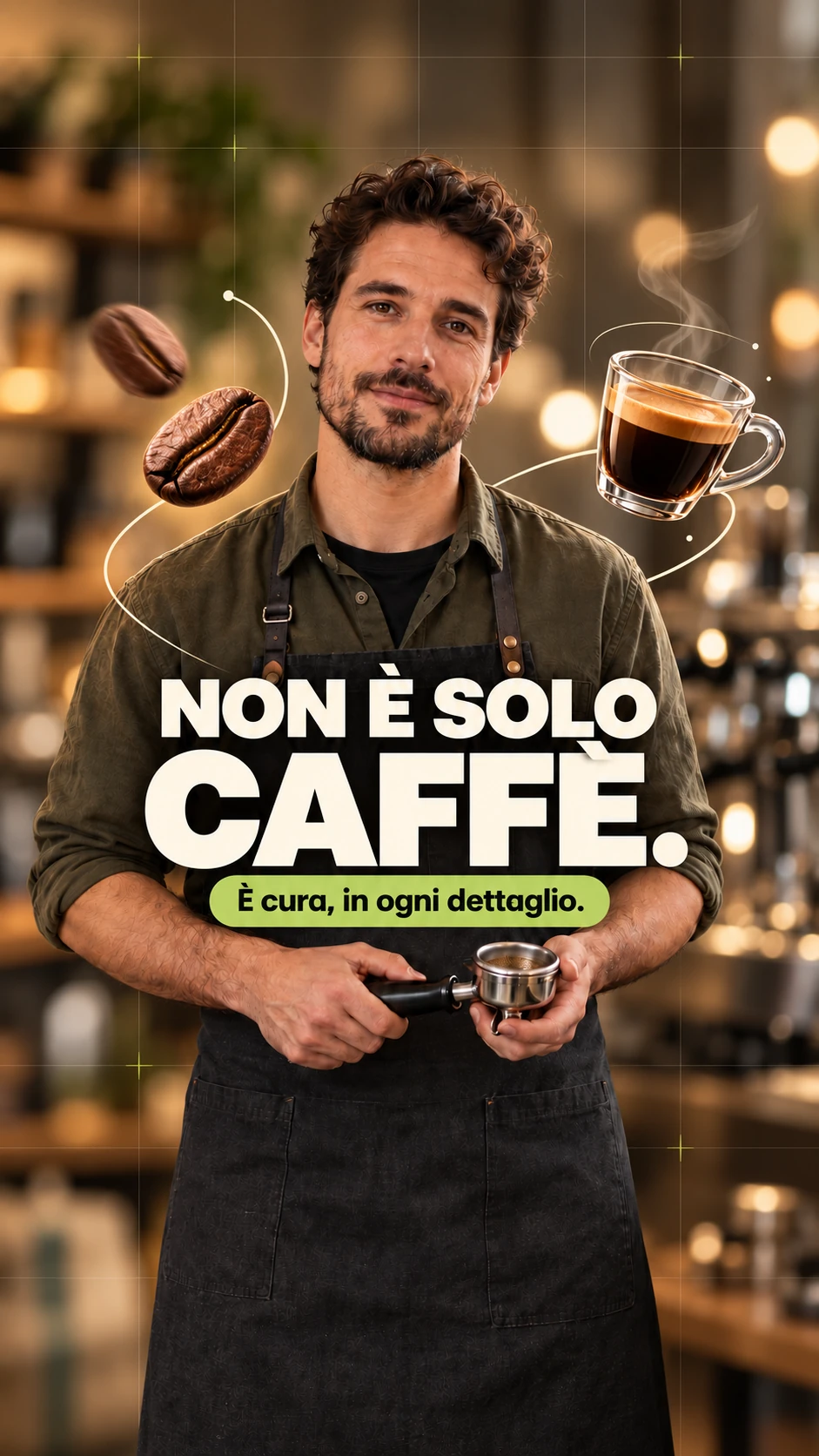 Concept di un barista con sfondo bokeh e reticolo, color grading, titolo Non è solo caffè e compositing di chicchi e tazzina.